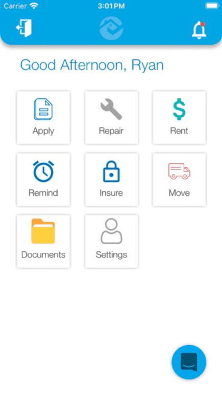 RentRedi app home screen showing rent, maintenance, and applications