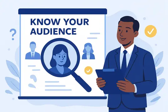 Business professional giving a presentation on understanding your audience, with profile illustrations and data visuals.