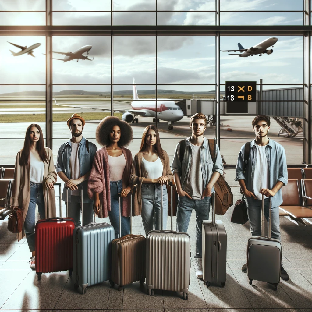 Diverse group of new immigrants at an airport, embarking on their journey to the United States, filled with hope and determination.