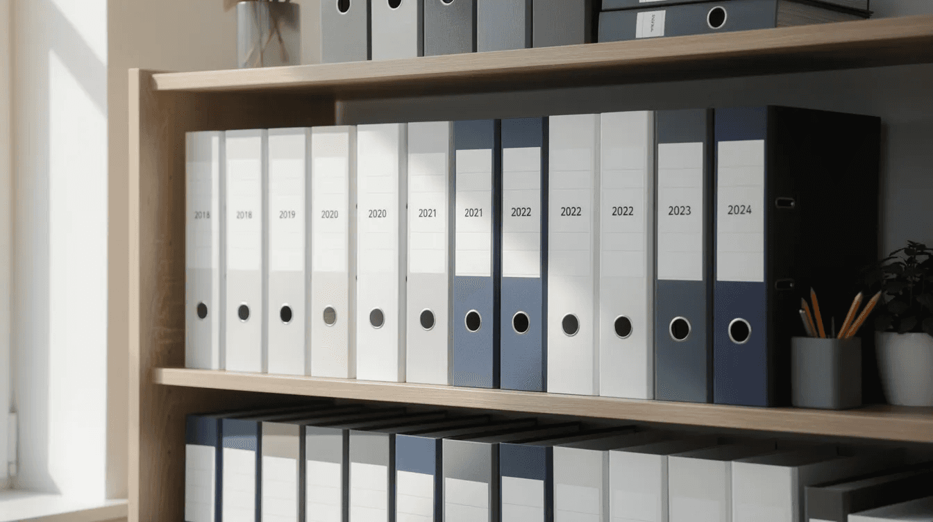 A shelf of labelled folders and binders organised by year, used to keep VAT records and tax invoices ready for a refund claim