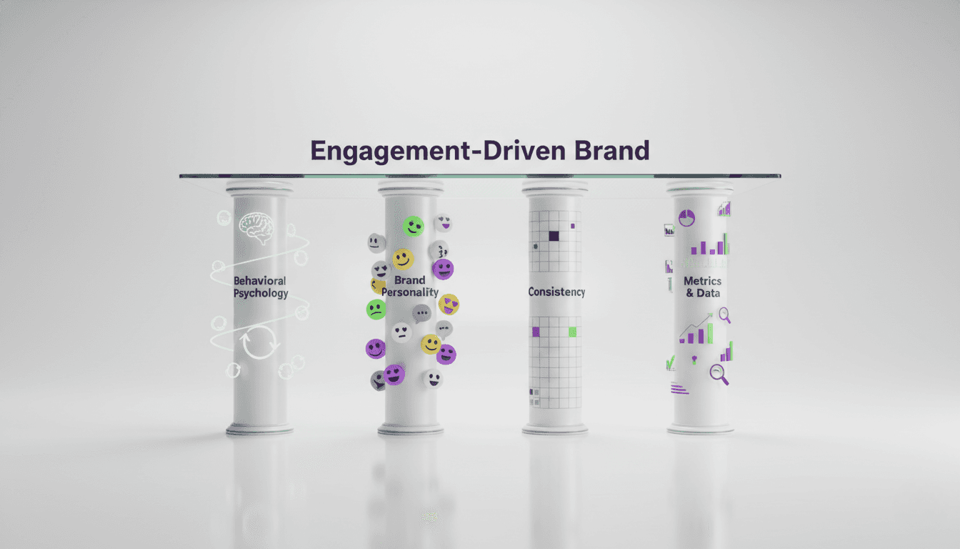 Professional diagram of Four Pillars supporting ‘Engagement-Driven Brand’ structure; each pillar distinct—behavioral psychology icons (brain, habit loop), personality symbols (speech bubbles, emojis), consistency graphics (grid, unified colors), and metrics/data visualizations; all styled with Clicknify’s approachable brand aesthetic to reinforce the strategic model.