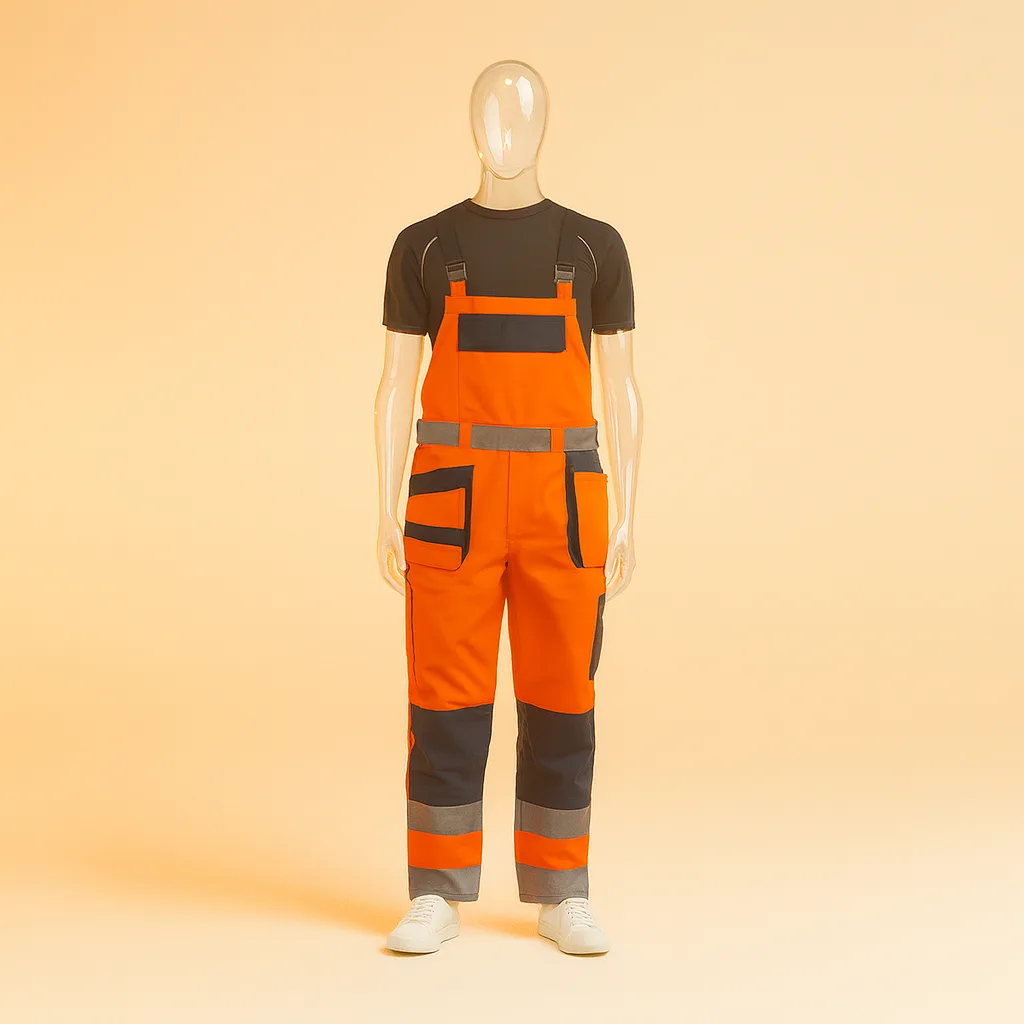 Mannequin displaying durable, high-visibility workwear: orange and dark grey reflective bib pants with reinforced knees, adjustable straps, and multiple utility pockets, worn with a black t-shirt and white sneakers.