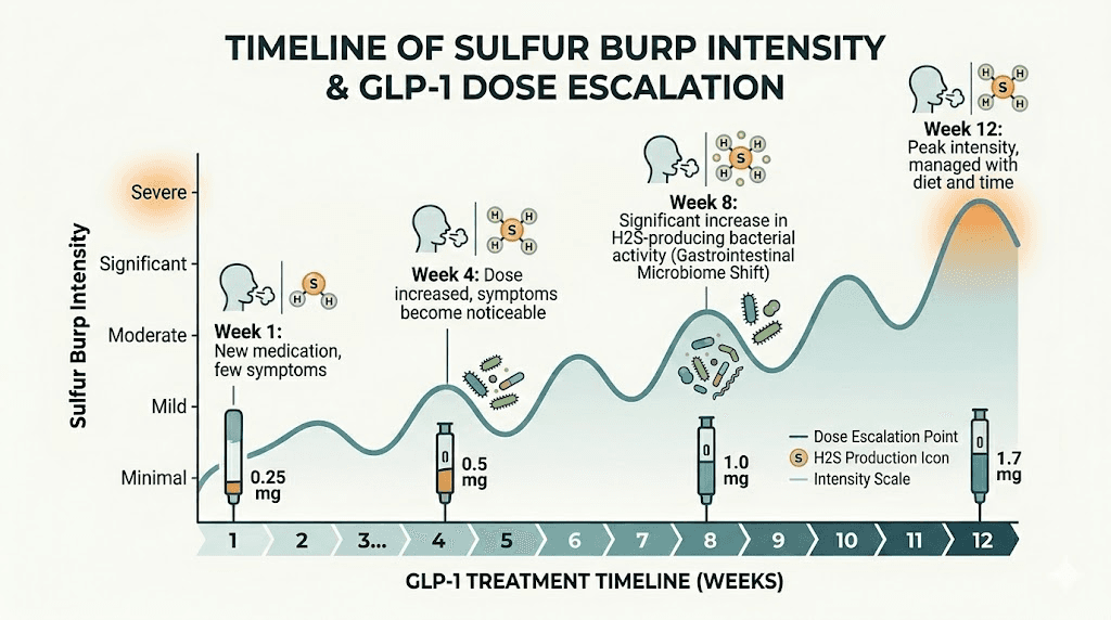 GLP-1 sulfur burps timeline showing when they start and how long they last by treatment week