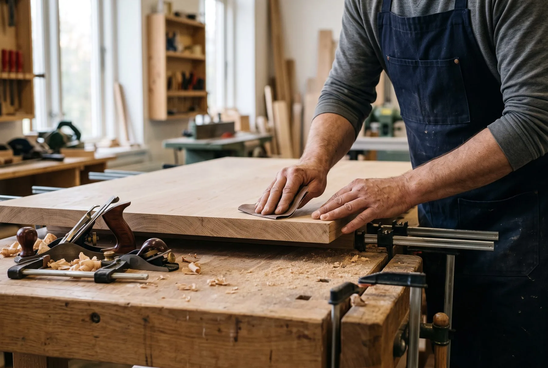 Two members of the Vesterby team sanding an oak tabletop at a workbench in the Copenhagen workshop.