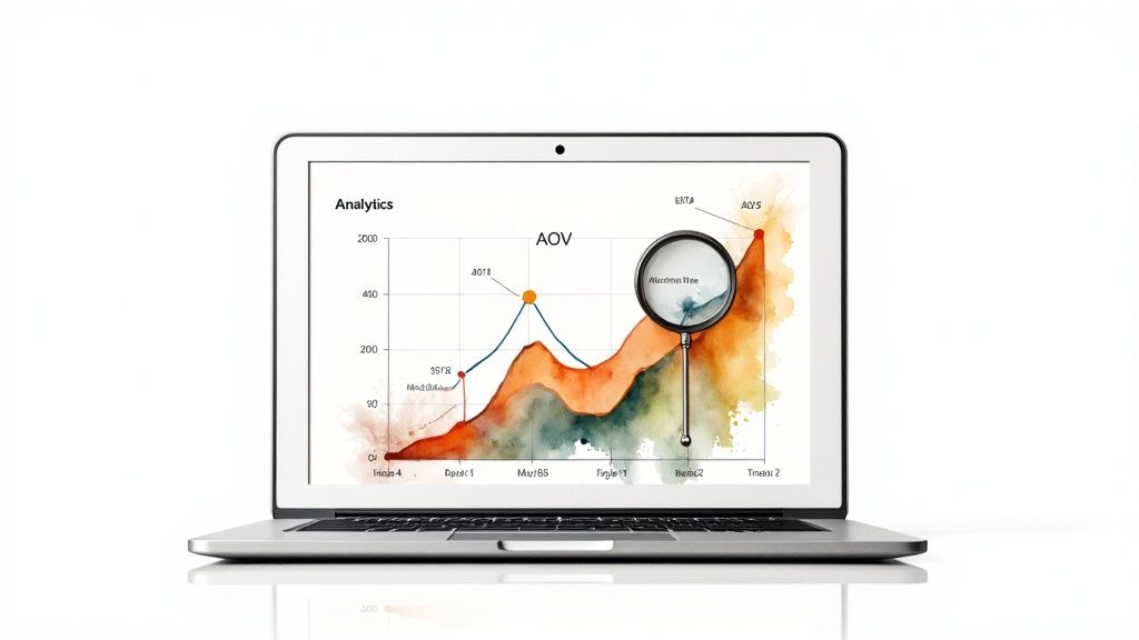 Silver laptop displaying a colorful data analytics chart with AOV and a magnifying glass.