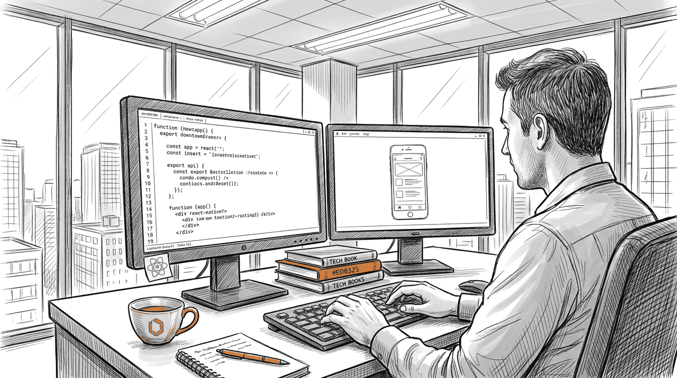 Developer coding hybrid app at dual monitors