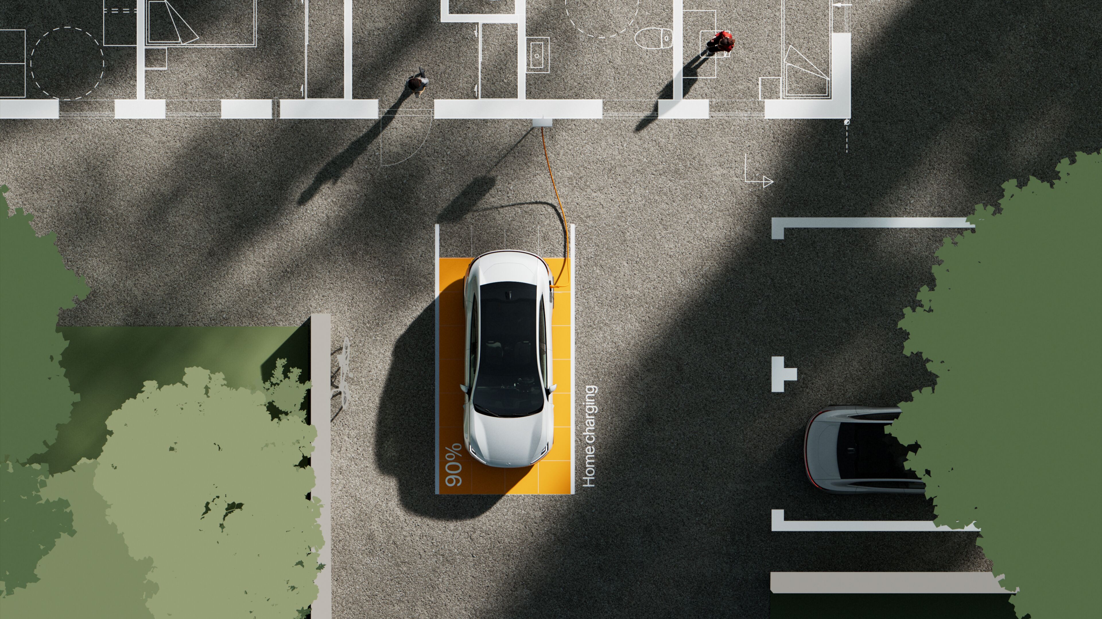 Vue aérienne d’une Polestar en recharge à domicile avec niveau de charge à 90 %