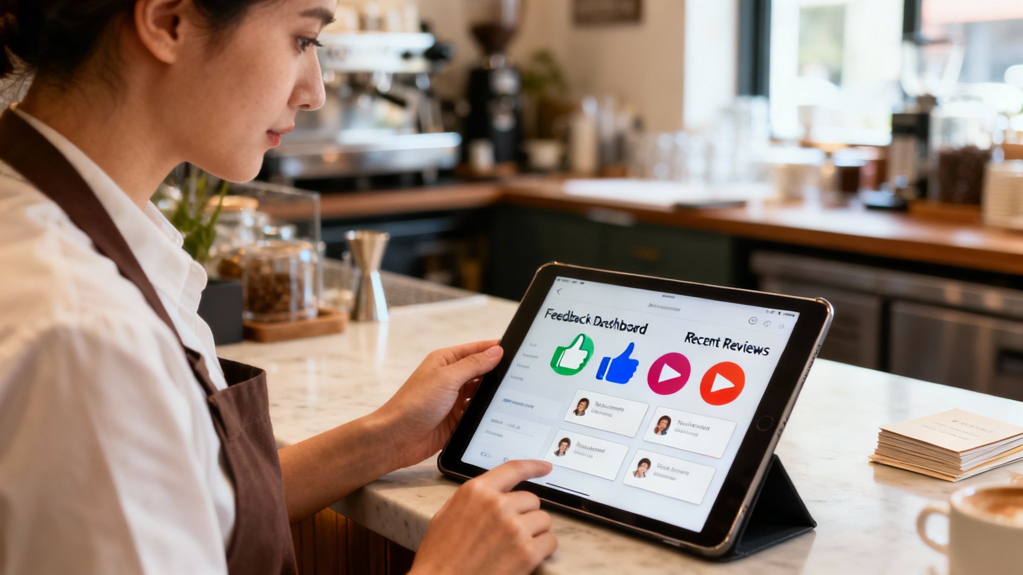 A barista reviews customer feedback and recent reviews on a tablet in a modern cafe.