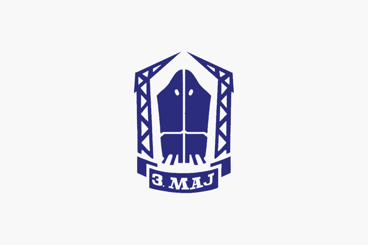 Logo for 3. Maj depicting 2 cranes either side of a ship's bow with a banner underneath