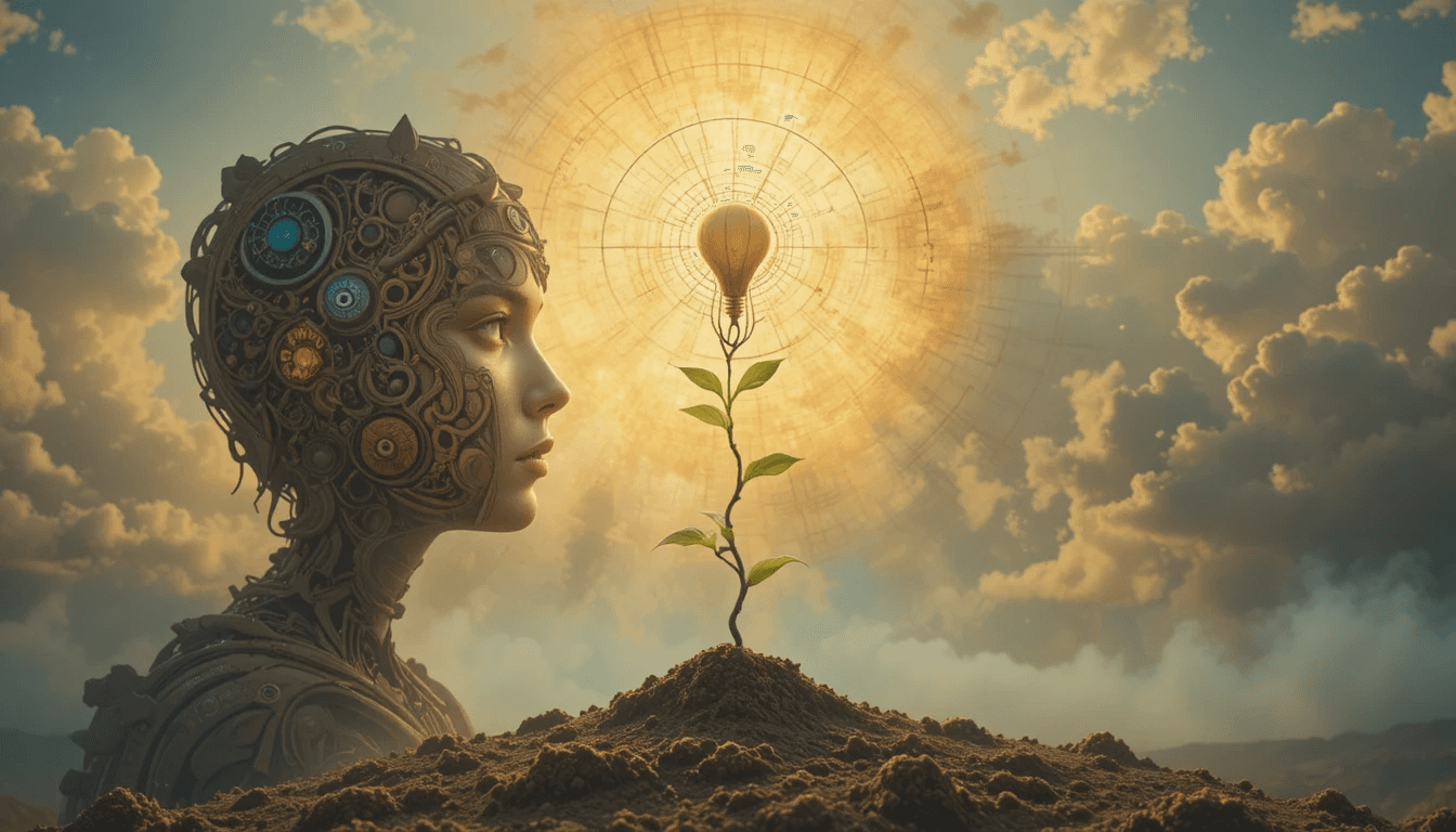 Surreal digital artwork of a mechanical female profile facing a glowing light bulb growing from a plant in soil, symbolizing consciousness, identity, intelligence, and the evolution of ideas against a radiant sky background.