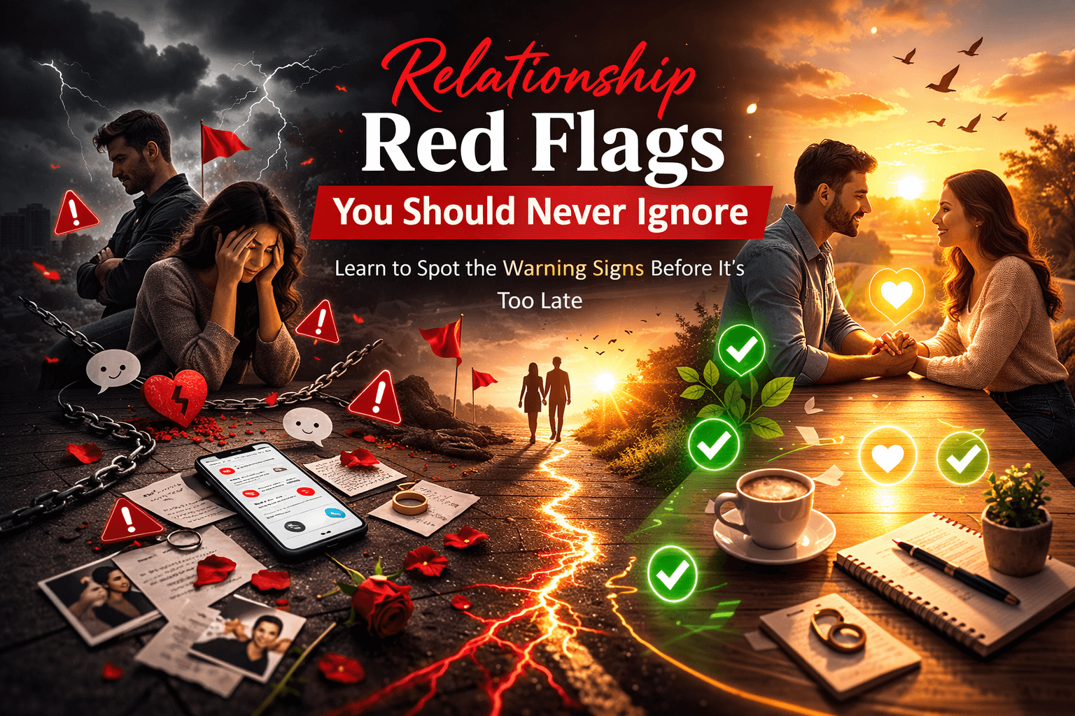 Informational graphic for trustedcommitment.com titled 'Relationship Red Flags You Should Never Ignore' featuring a comparison between toxic relationship warning signs and healthy relationship green flags, including a new assessment tool to identify deal-breakers