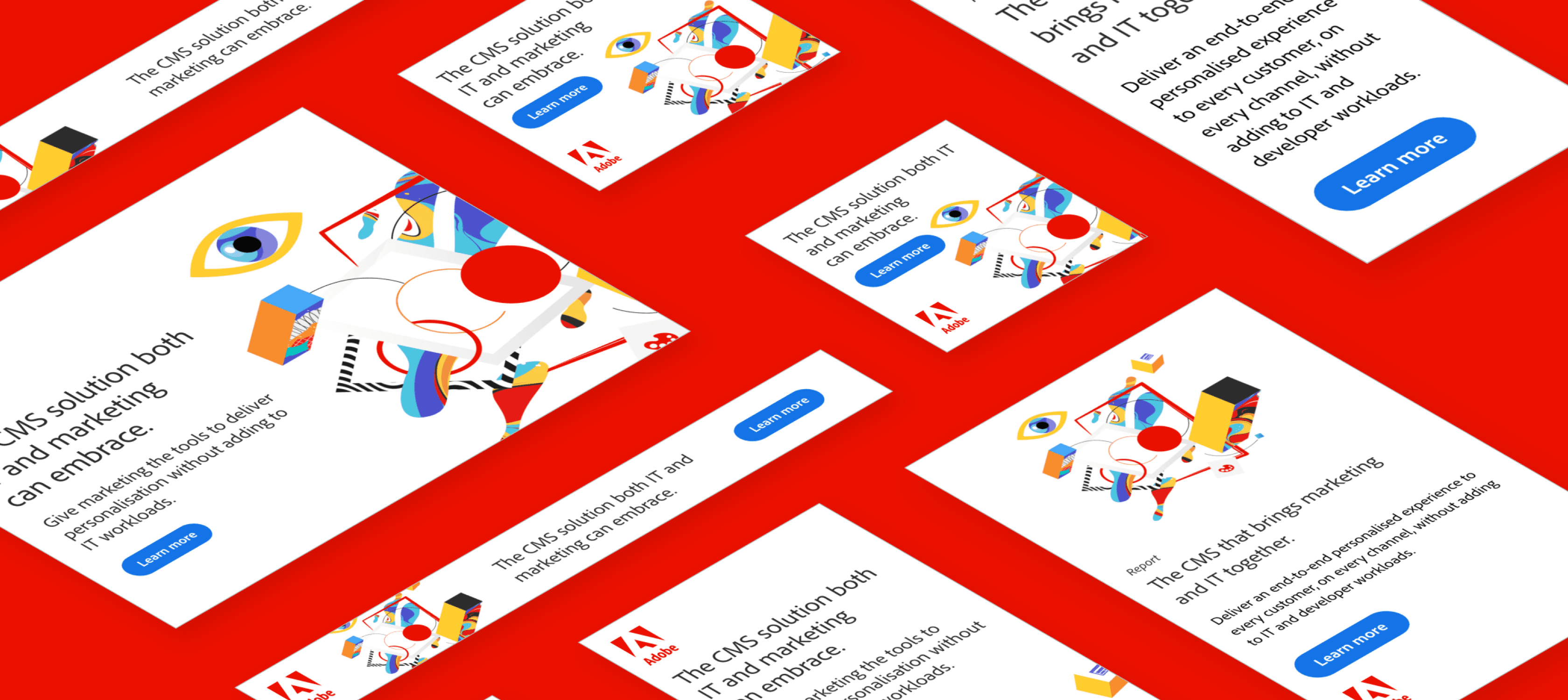 A set of responsive digital ad designs on a red background promoting Adobe’s CMS offering. Each card highlights messaging about uniting IT and marketing with a call to action to “Learn more.”