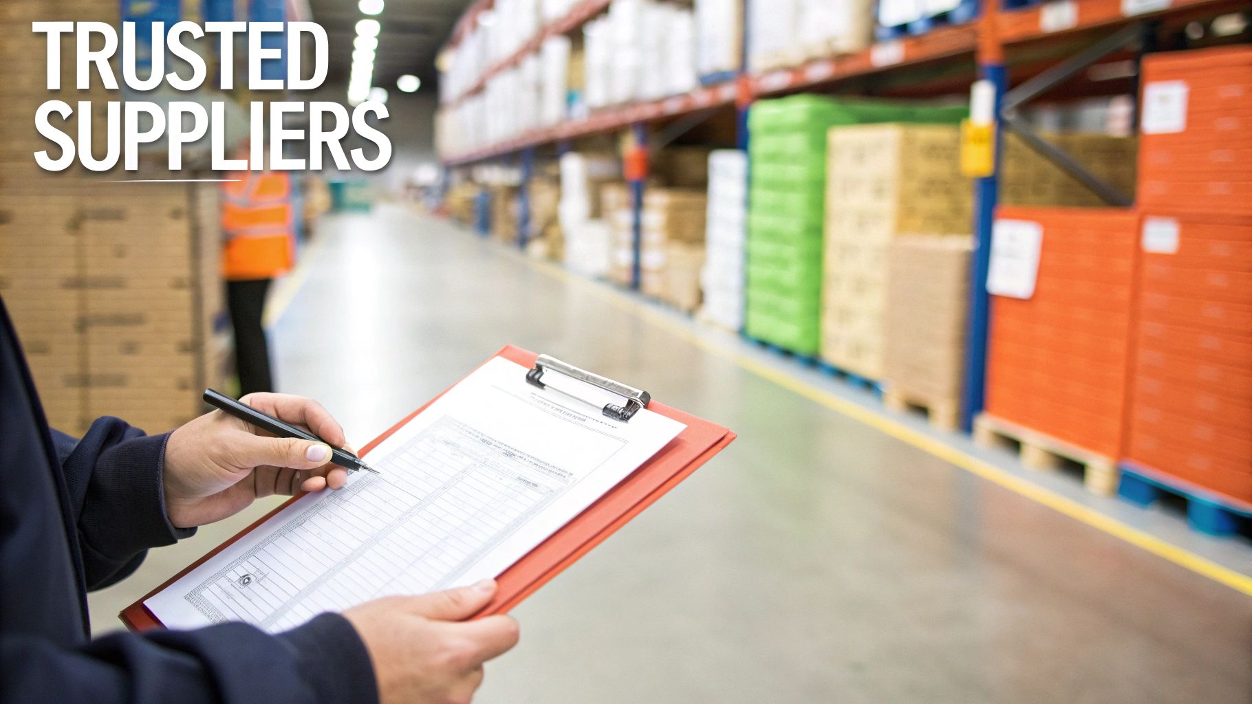 A person checking inventory on a clipboard in a busy warehouse, with 'Trusted Suppliers' text.