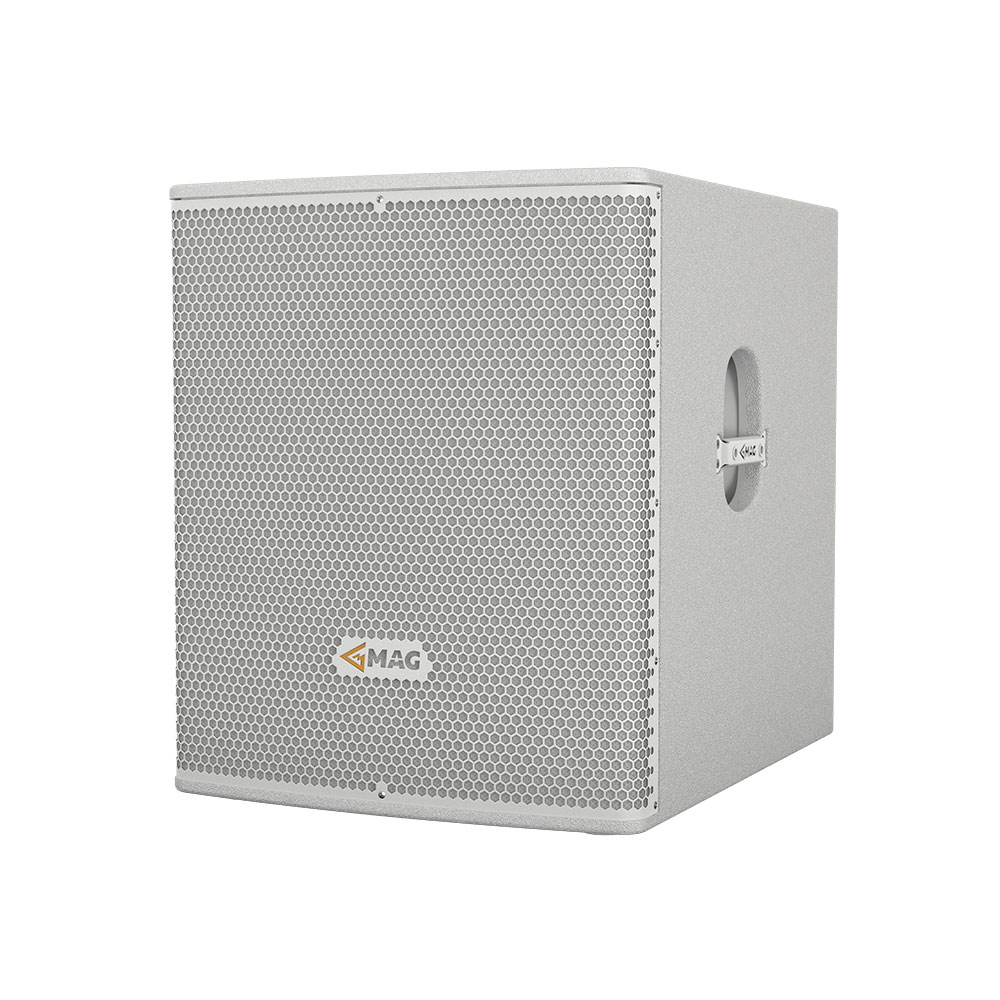 Subwoofer with silver grille and MAG logo