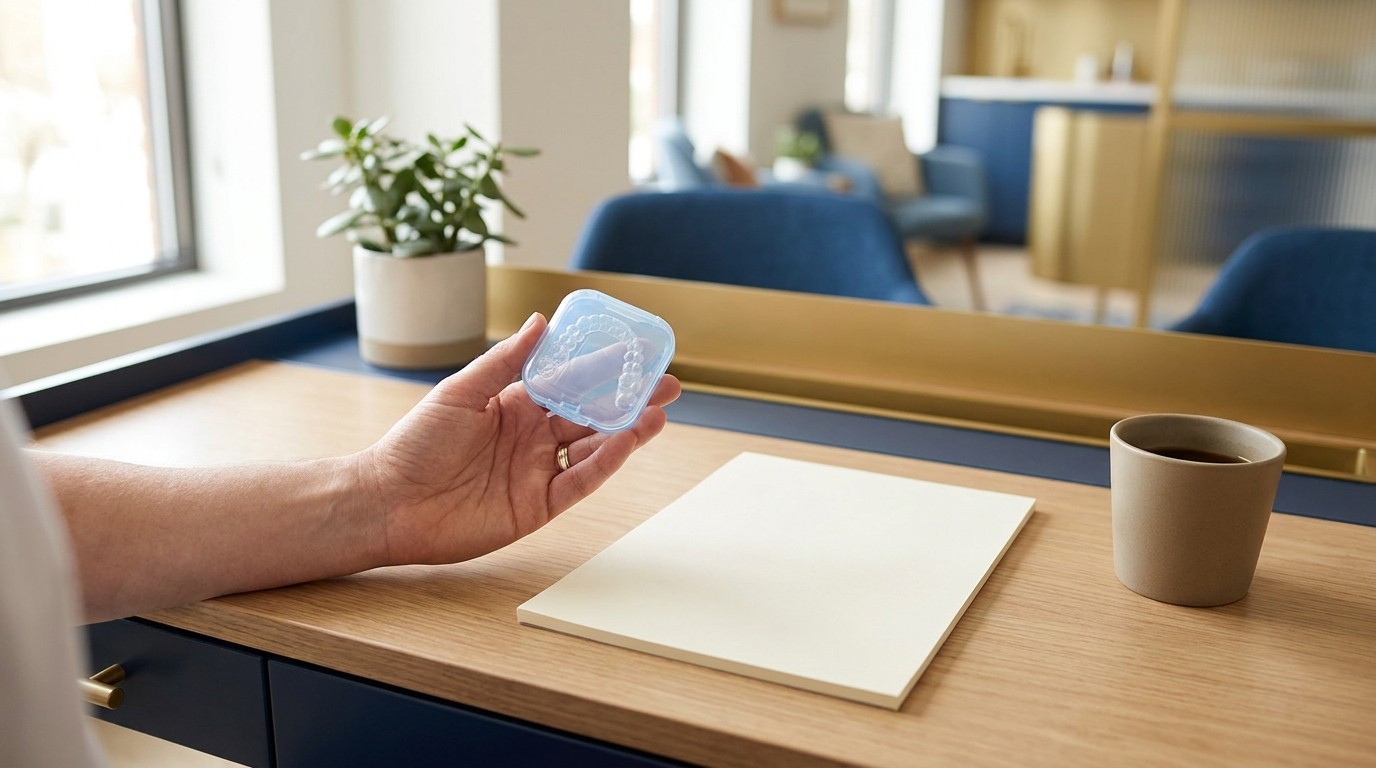 A hand holding a small clear aligner case above a wooden desk with a blank notepad and a cup of coffee.