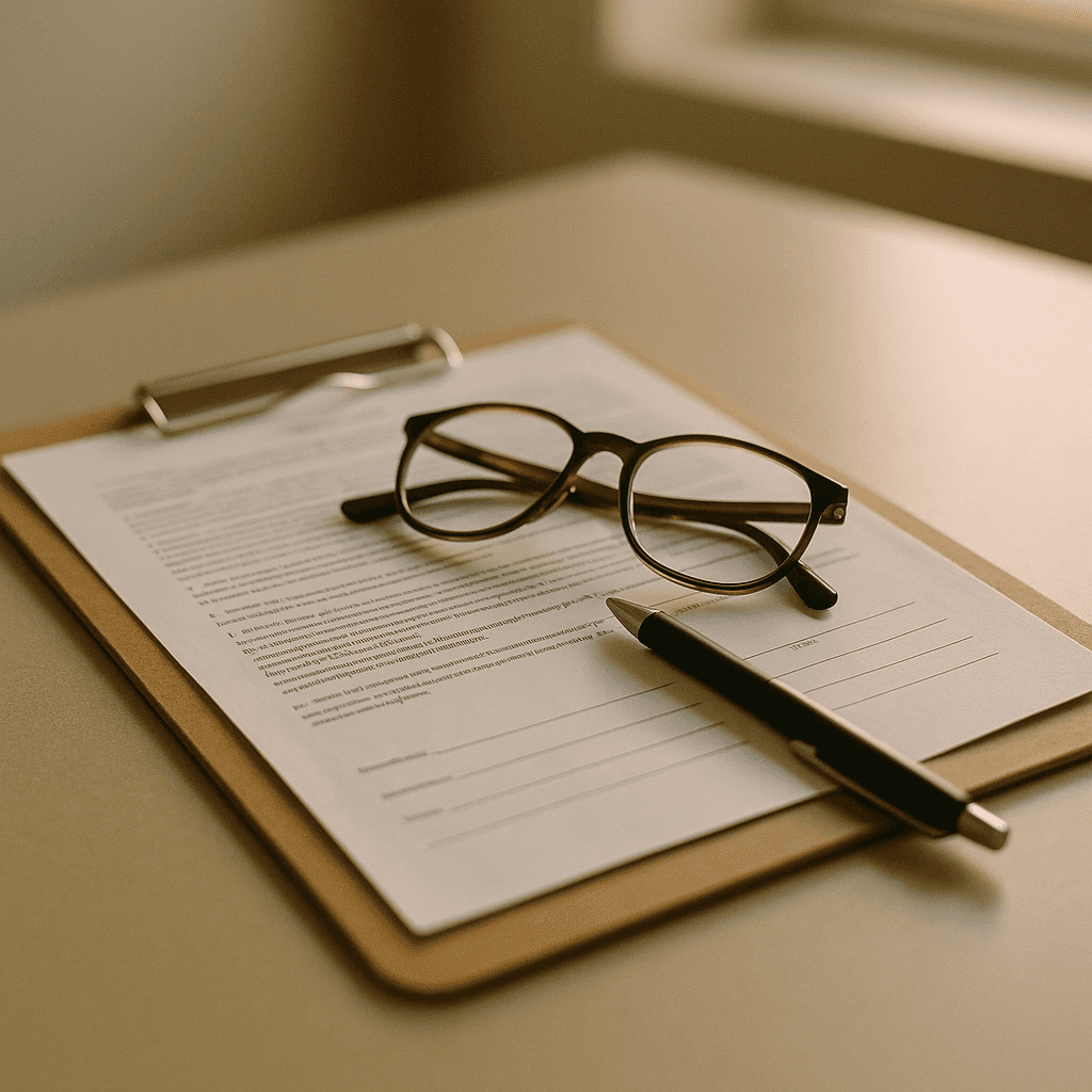 Close-up of a clipboard, pen, and reading glasses on a tidy leasing-office desk.