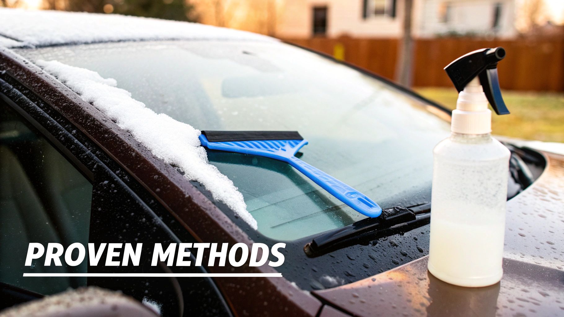 A car windshield covered in snow and ice with an ice scraper and de-icer spray bottle.