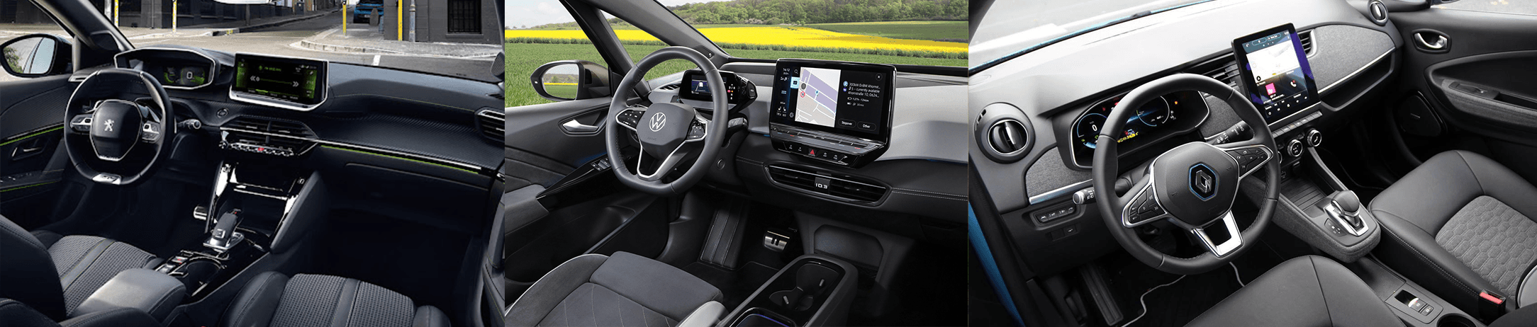 Peugeot e-208, Volkswagen ID.3 et Renault Zoé réunies sur un même visuel, comparaison de trois intérieurs de voitures électriques