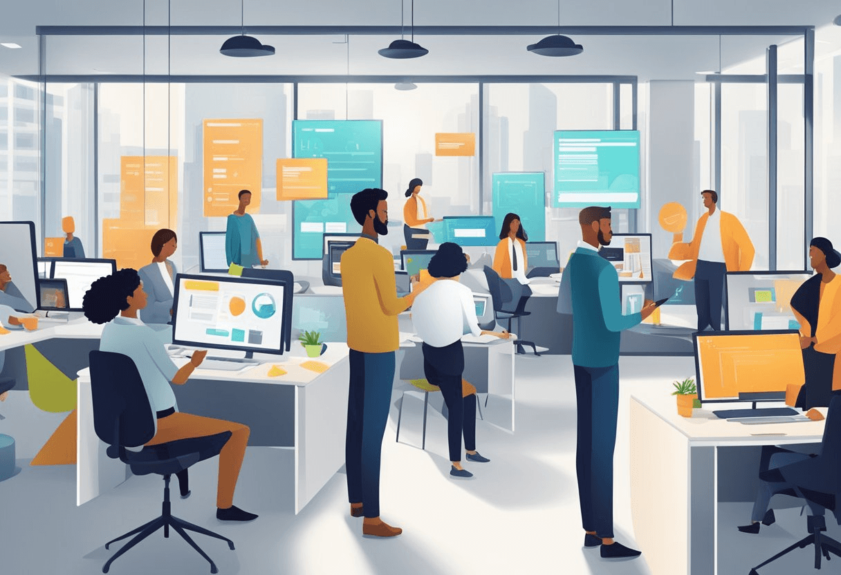 A bustling digital workplace with diverse professionals collaborating, utilizing technology, and exchanging information