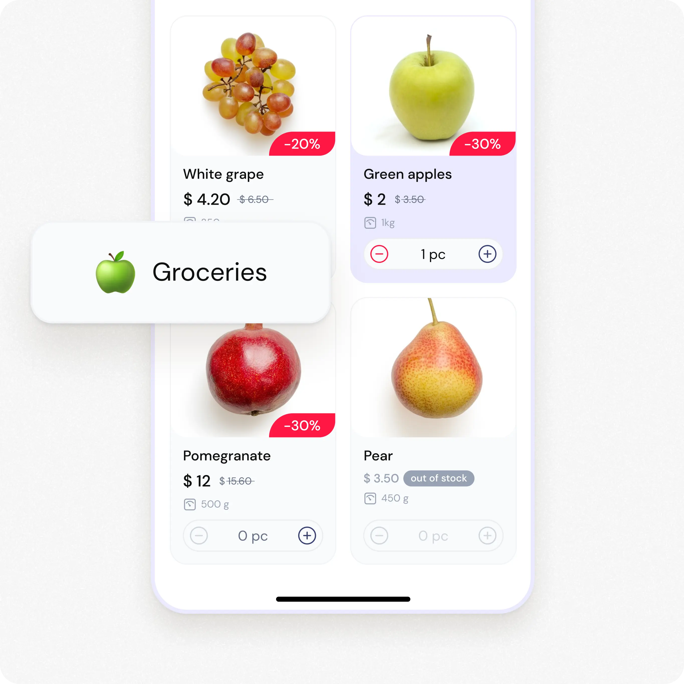 A mobile app interface for a grocery shopping feature within "IslandDelivery." The screen displays various fruits with prices and discounts: white grapes for $4.20 with a 20% discount, green apples for $2 with a 30% discount, a pomegranate for $12 with a 30% discount, and a pear for $3.50 (marked as out of stock). A floating label with a green apple icon and the word "Groceries" is also present. The design emphasizes ease of use and clear visibility of discounts.