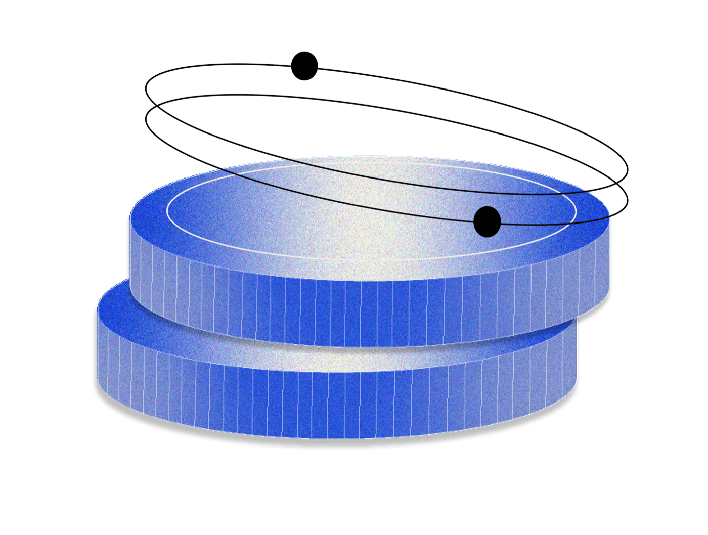 Stacked blue coins with orbit rings