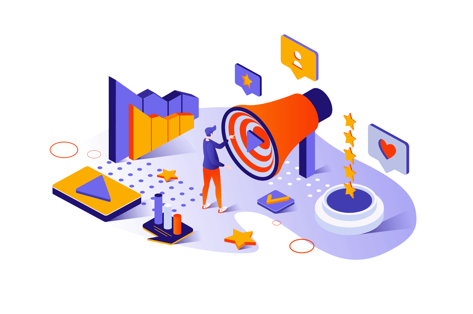 Person launching a creator marketing campaign with a megaphone and analytics icons