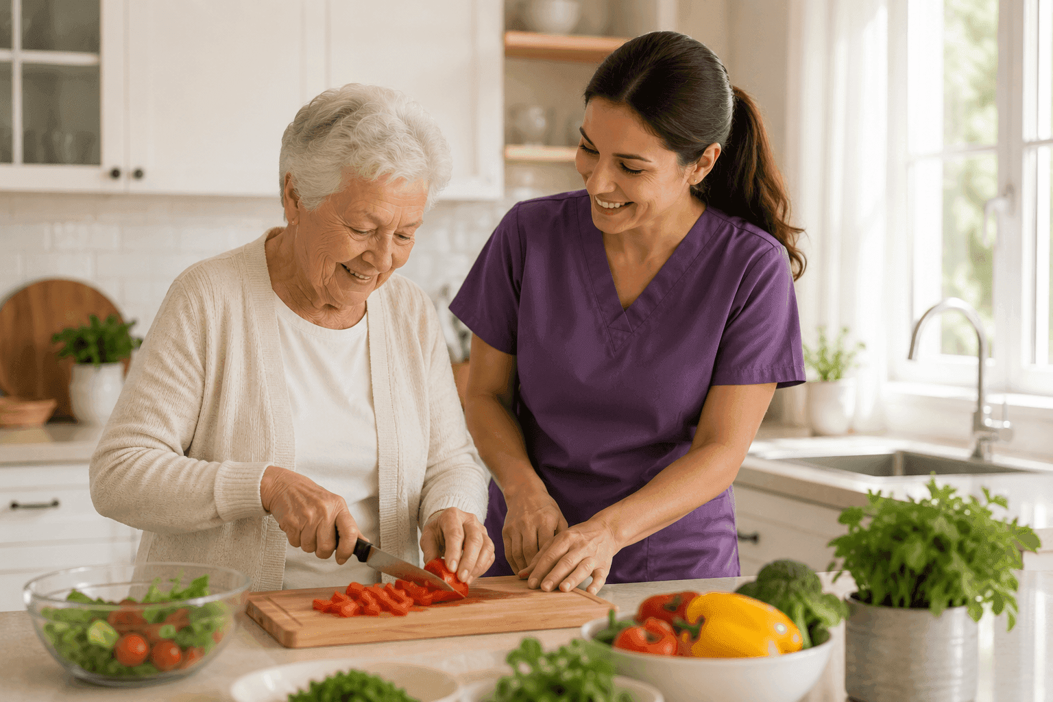 Professional caregiver helping with a daily routine in a modern kitchen