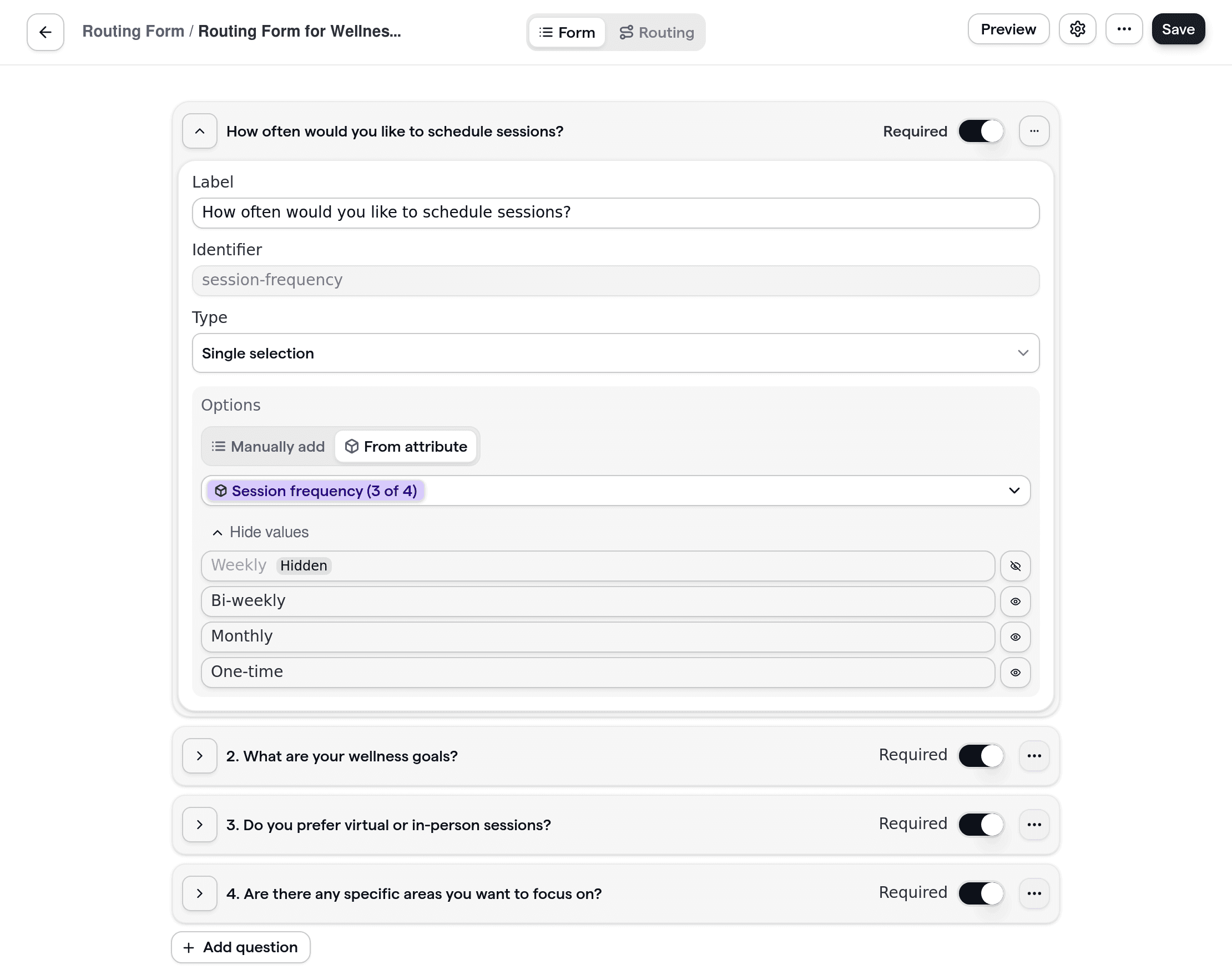 Cal.com routing form showcasing the creation of a customizable intake form with questions tailored to wellness coaching clients.