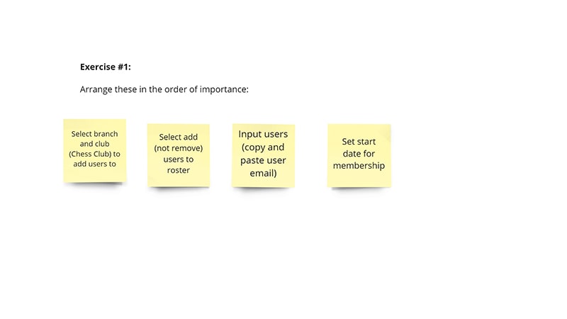 Card sorting exercise that reads 'Exercise 1: Arrange these in order of importance'