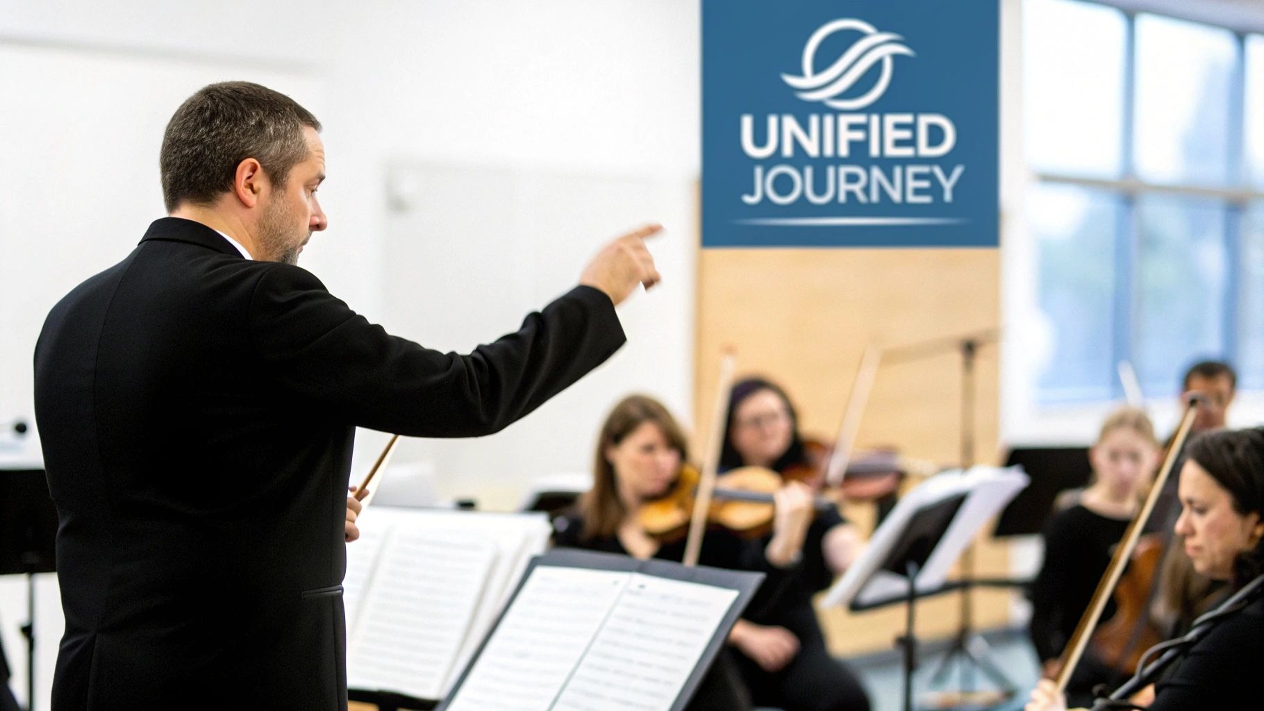 A male conductor in a black suit leads an orchestra, pointing with a baton during a performance.