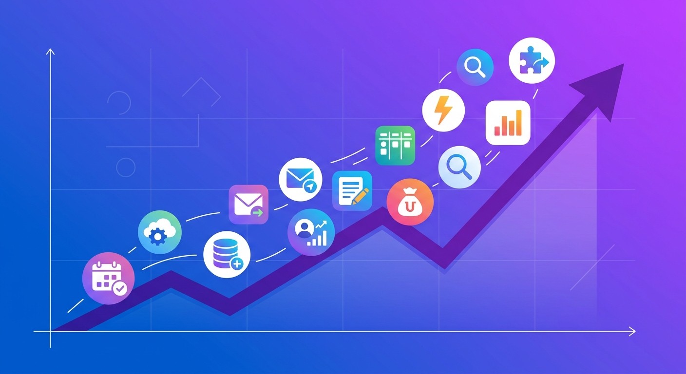 Illustration of a rising growth chart with app icons floating upward, representing the rapid growth of no-code tools.
