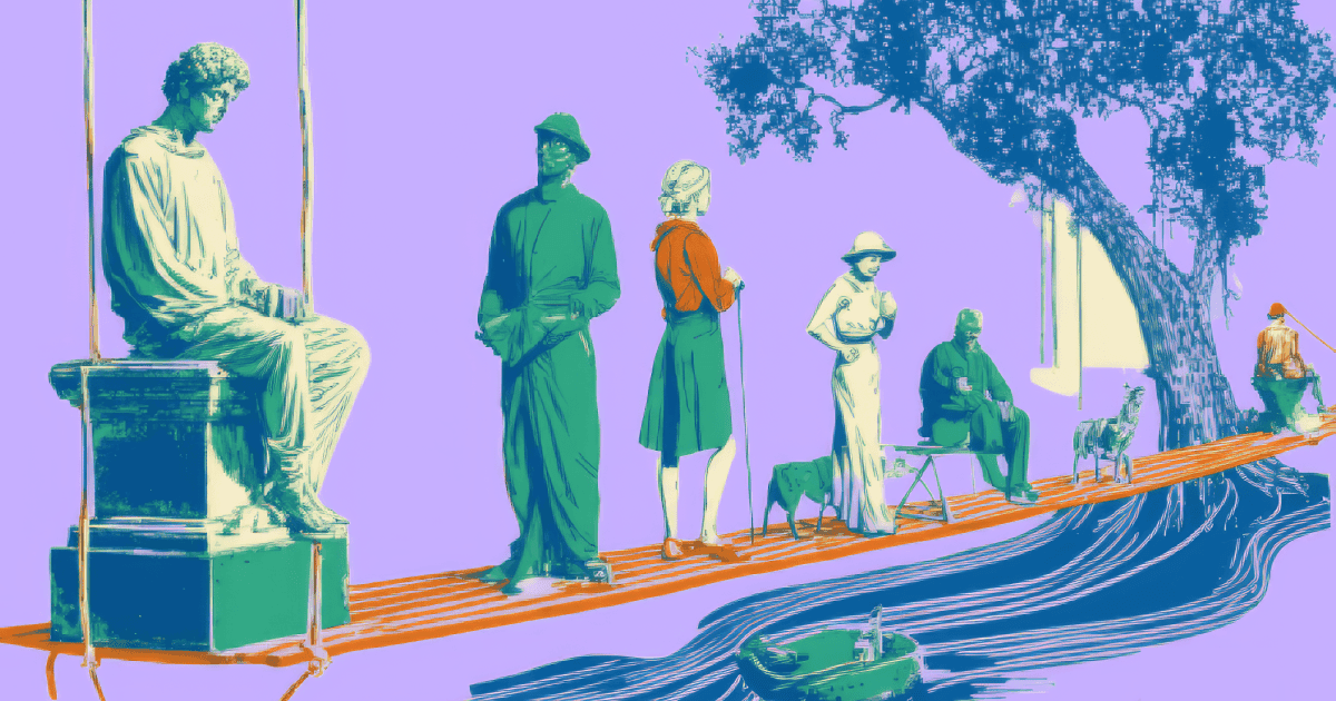 A philosophical gathering of people and statues