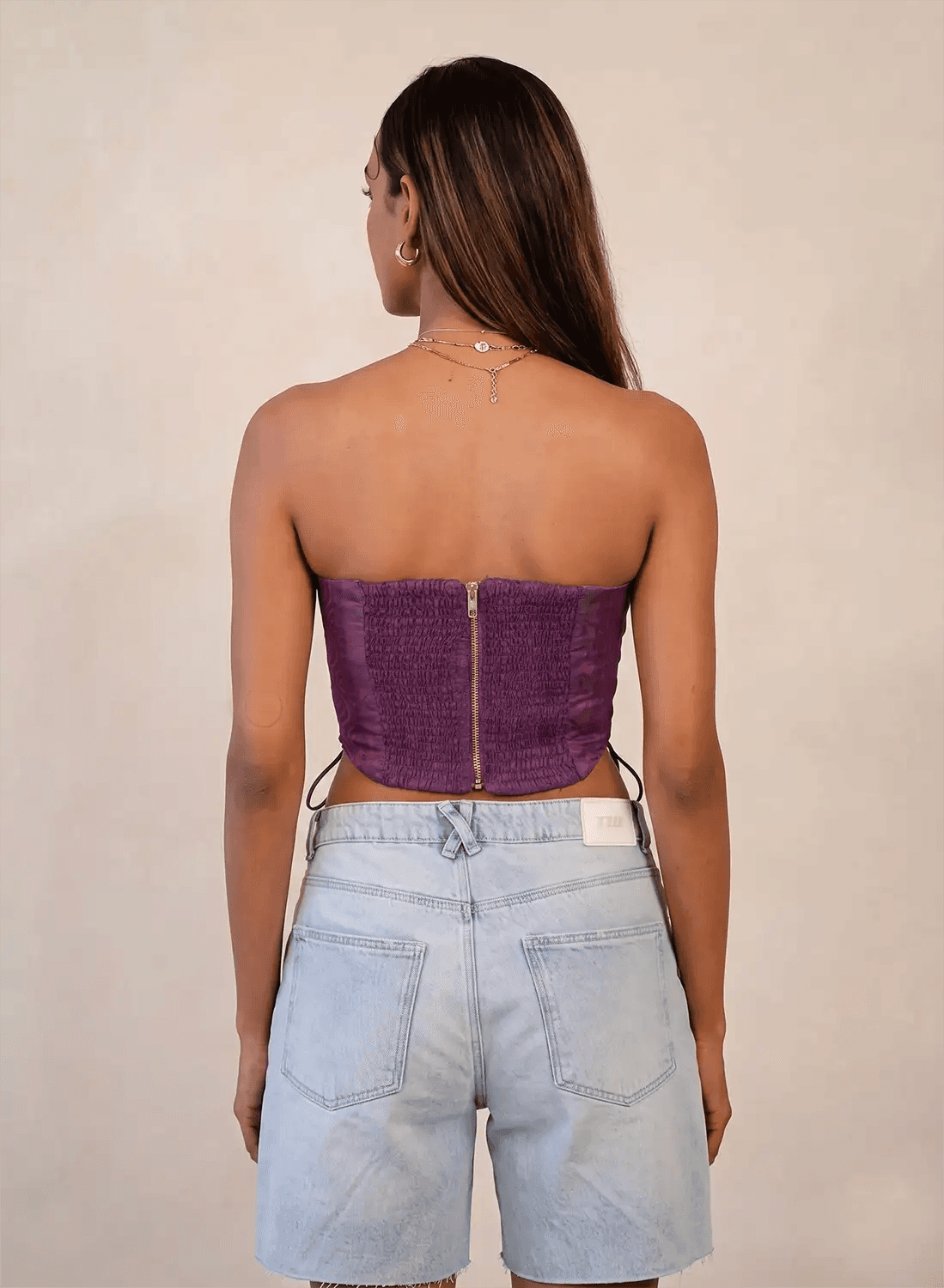 SAHIRA paisley silk corset handcrafted from vintage saree with lace-up panels, smocked back and metal zipper.