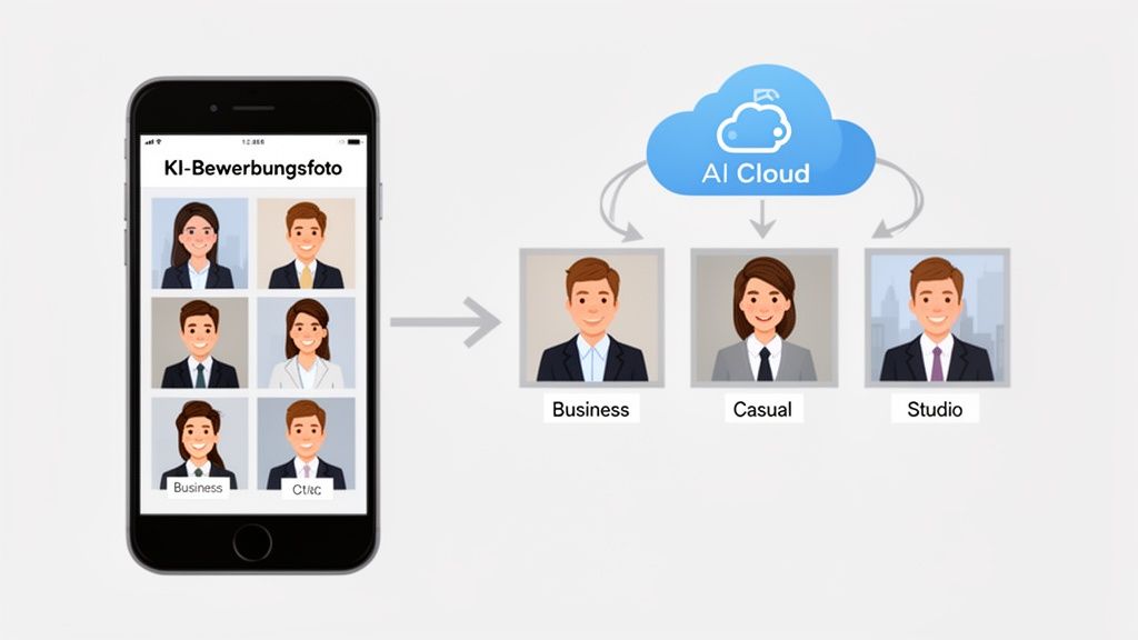 Smartphone zeigt KI-Bewerbungsfotos, die von einer AI-Cloud in Business, Casual und Studio-Stile transformiert werden.