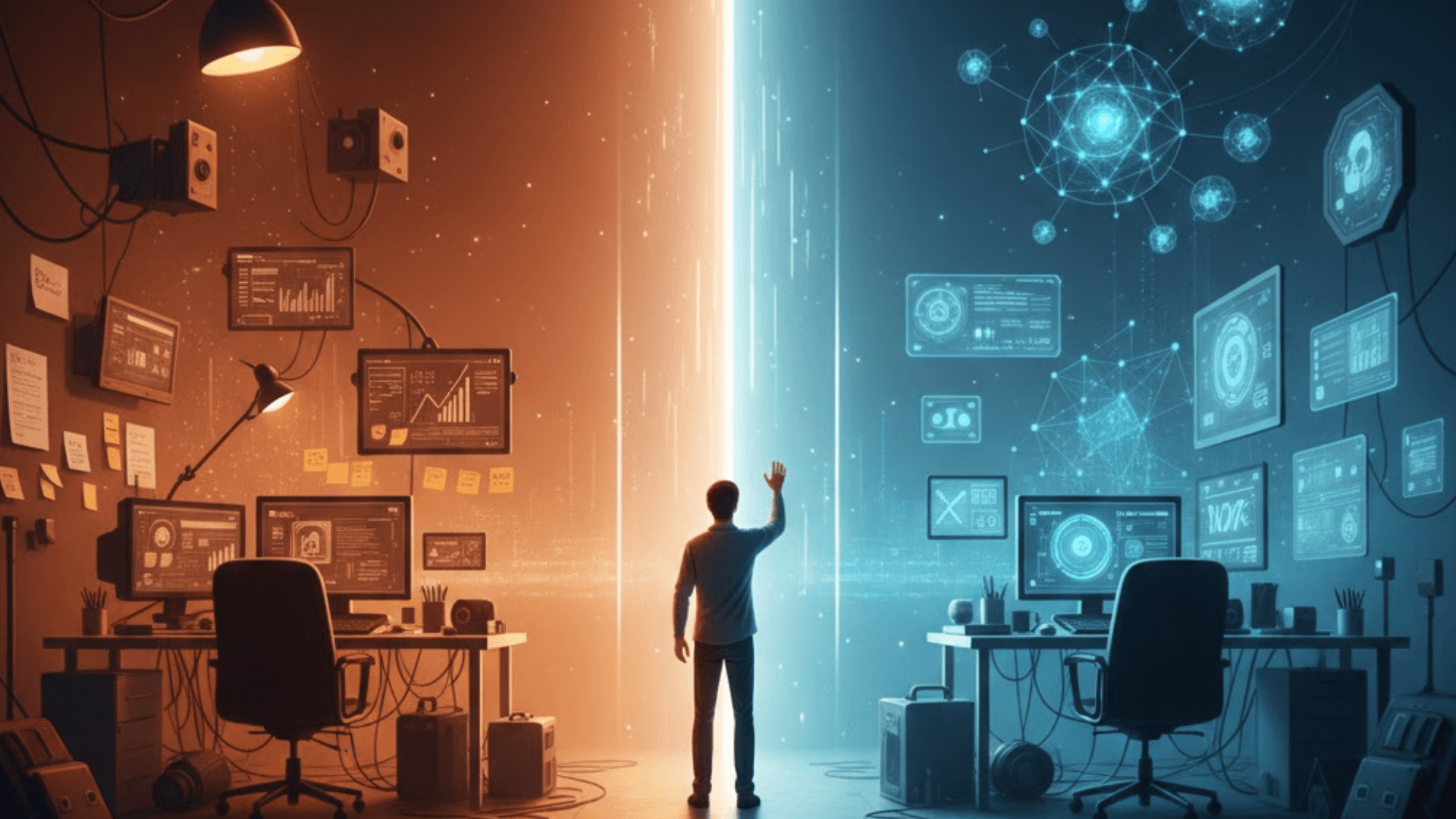 A cinematic 1920x1080 landscape illustration of a founder standing at the crossroads of a tech pivot. The left side shows a dim, legacy workspace cluttered with tangled wires and old monitors, representing technical debt and stagnation. The right side glows with a vibrant blue light, featuring sleek UI panels and neural network motifs that symbolize AI-driven innovation. The central figure stands between these two worlds, reaching toward the future, illustrating the transition from outdated systems to high-performance, intelligent software.