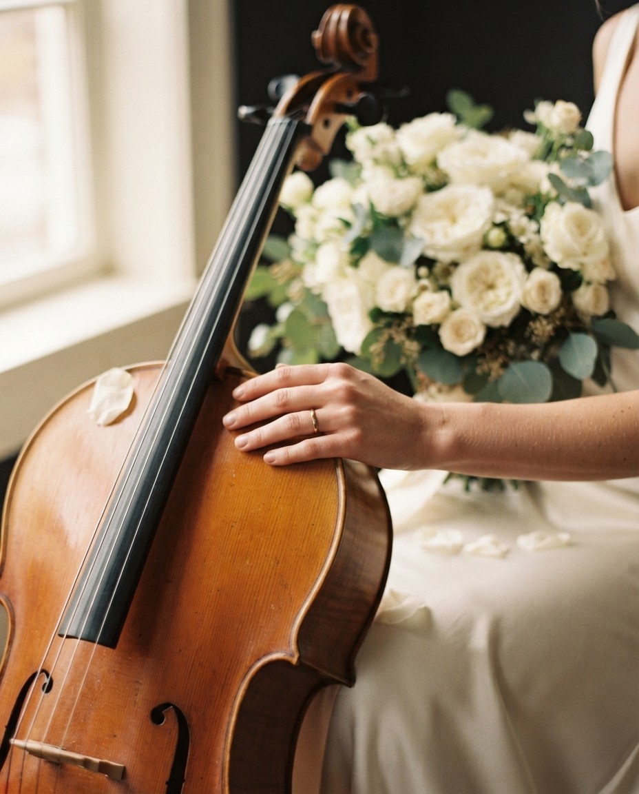 A bride choosing sheet music beside a cello