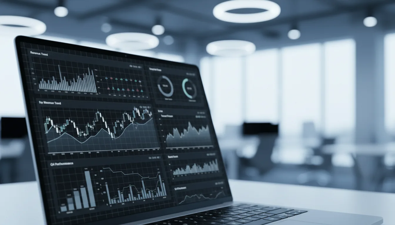DSLR close-up photograph of a laptop screen, angled to the side, displaying a sophisticated data analytics dashboard in modern dark mode. The software shows intricate white line graphs and financial charts over a black grid. The focus is sharp on the screen's user interface, while the background is a completely blurred, bright, modern office interior creating a strong bokeh effect. The image has a cinematic contrast with a cool, desaturated blue color grade, creating a high-tech and professional atmosphere.