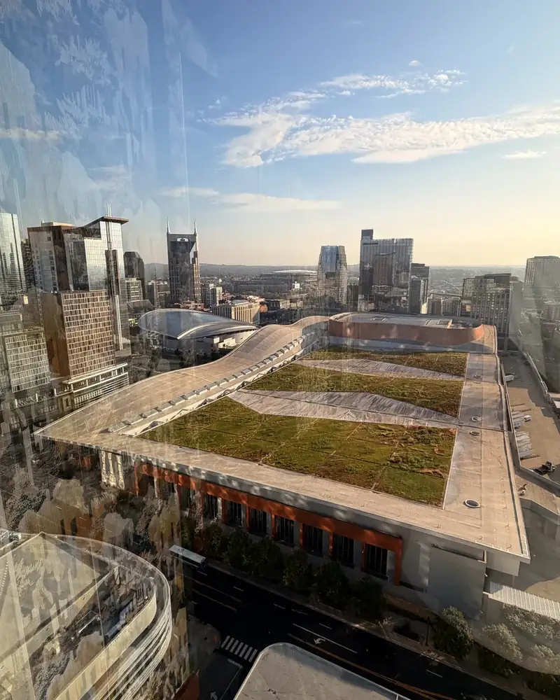 Aerial view of the Music City Center green roof and downtown Nashville towers, TERAMOK real estate marketing agency Nashville