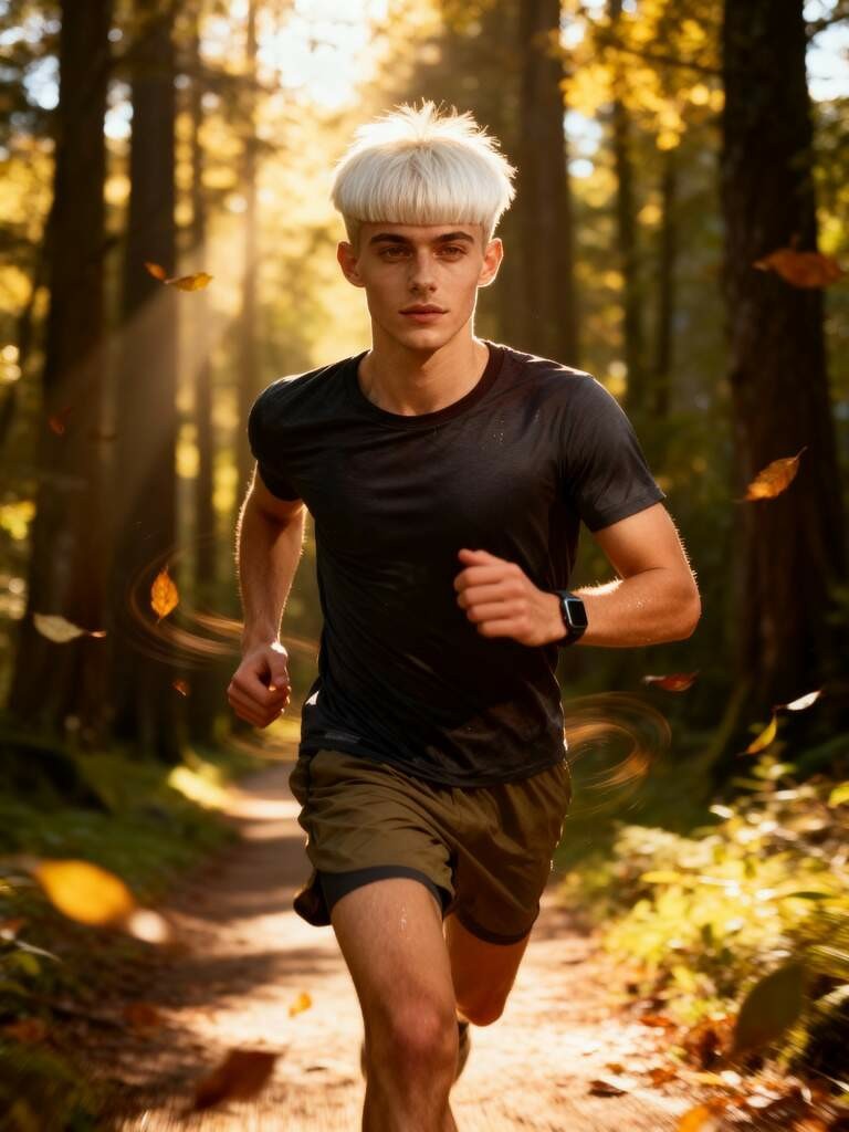 Man jogging in forest trail, enhanced with InVideo AI features for natural lighting.