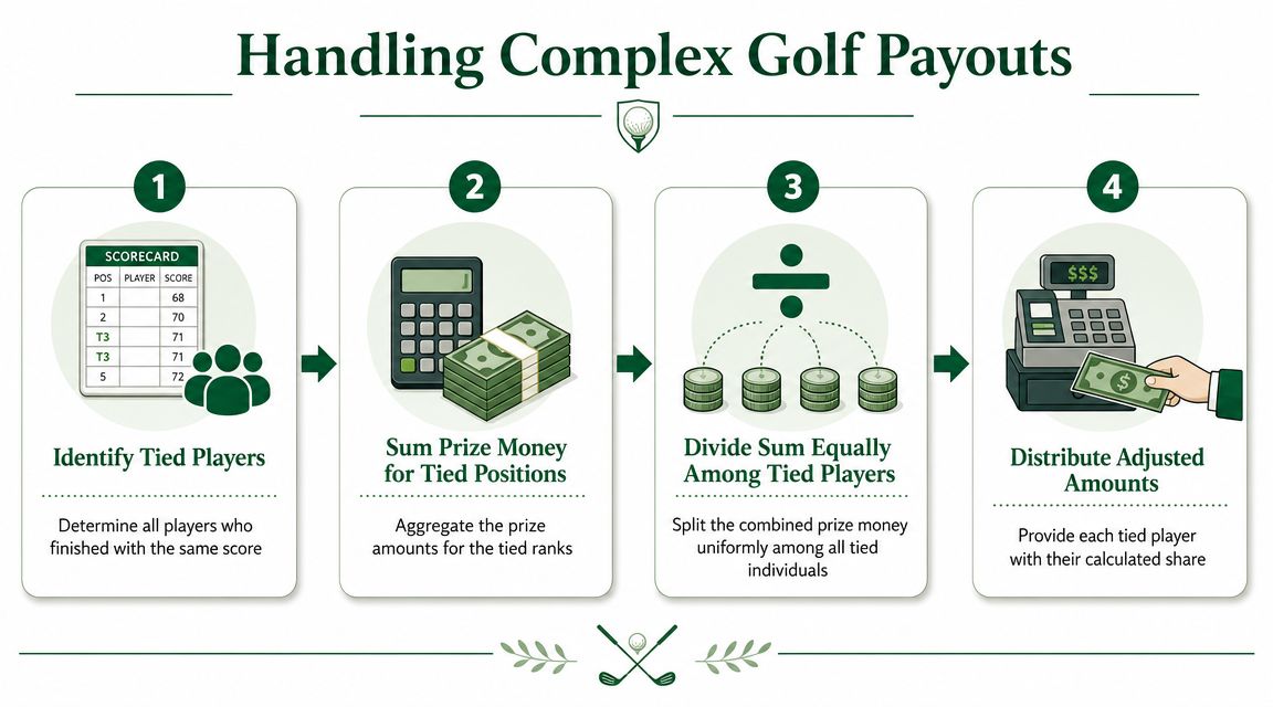 A four-step infographic explaining the process for calculating and distributing payouts for tied positions in golf tournaments.