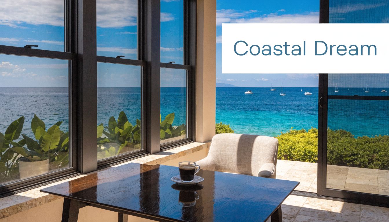 A cup of coffee on a dark wooden table in a sunlit room overlooking the blue ocean.