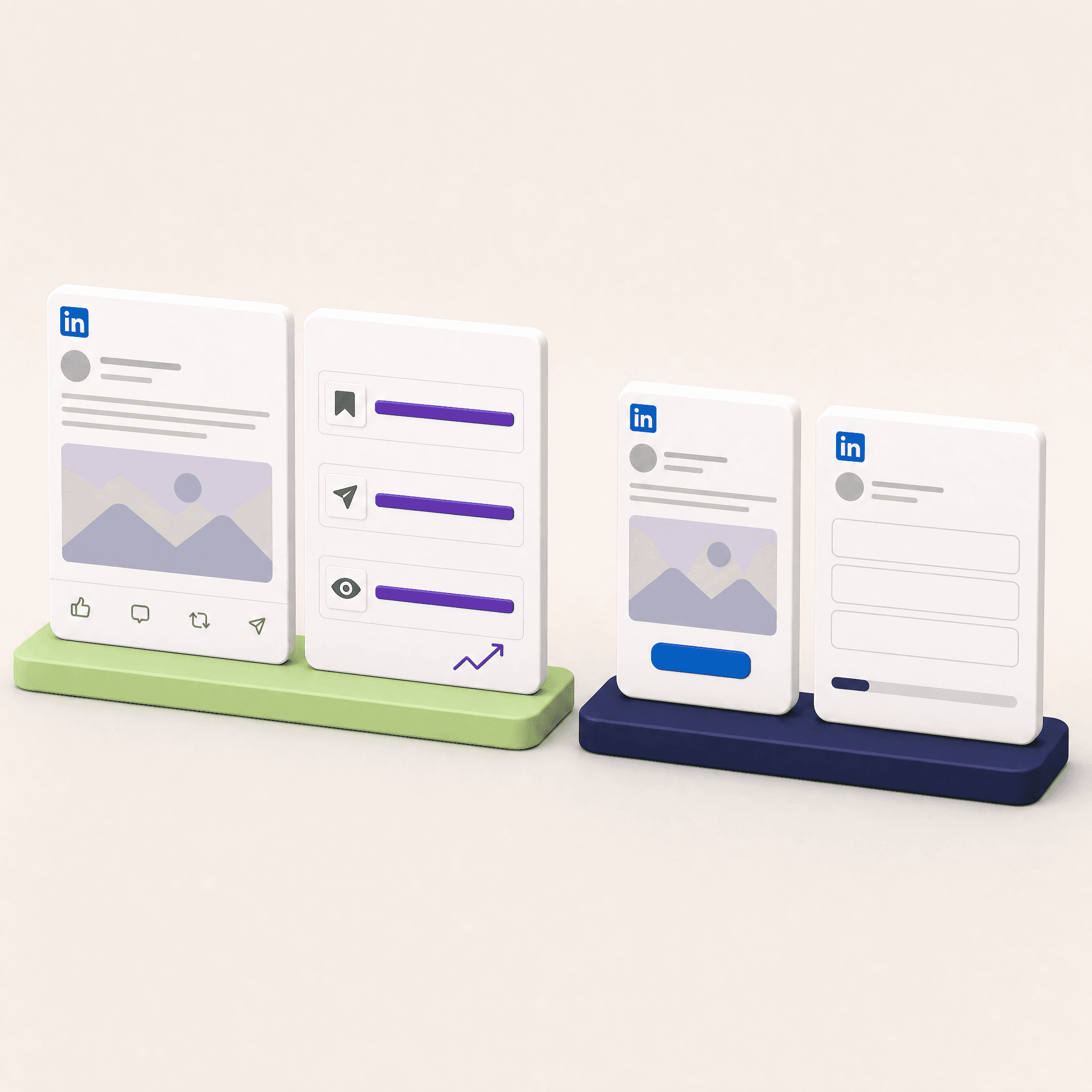 Two LinkedIn analytics panels side by side: an organic post on a green base with an analytics card showing long purple bars for saves, sends and profile views, and a sponsored ad on a navy base with a lead form whose conversion bar is barely filled