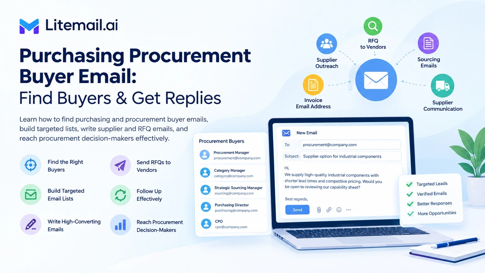 Purchasing procurement buyer email guide showing procurement buyer discovery, targeted email lists, RFQ outreach, supplier communication, sourcing emails, and verified procurement contacts.