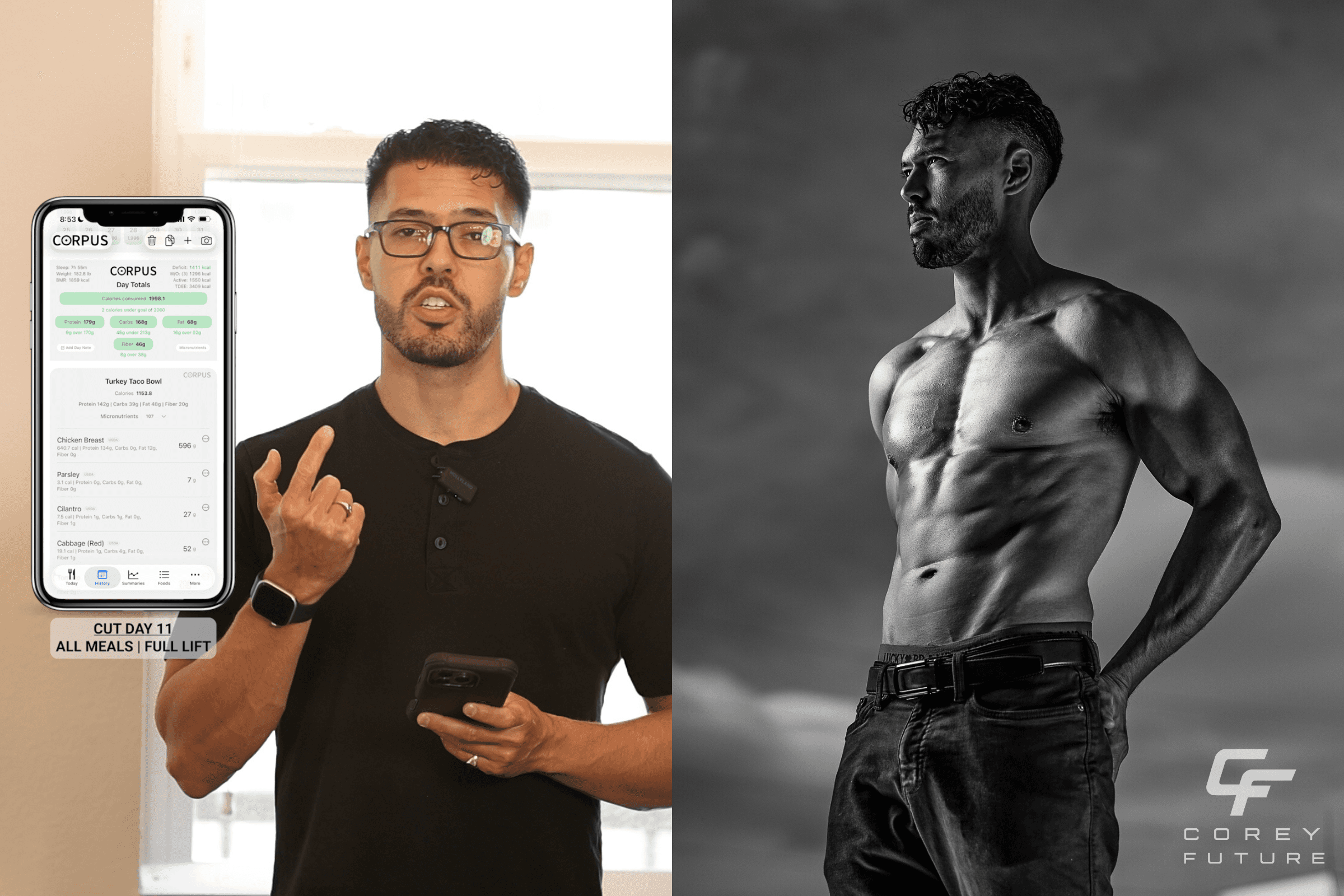 A full cutting day with 1,998 calories, 179g protein, three meals, shoulder training, and HIIT. Import the exact meal and lift templates into CORPUS.