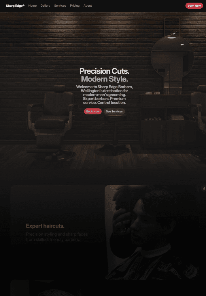 Homepage of Sharp Edge Barbers Framer website.