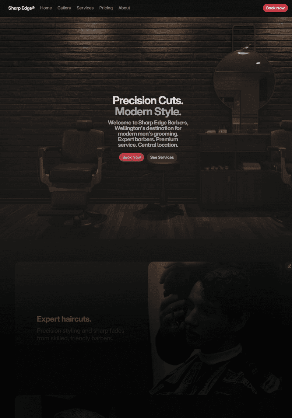 Homepage of Sharp Edge Barbers Framer website.