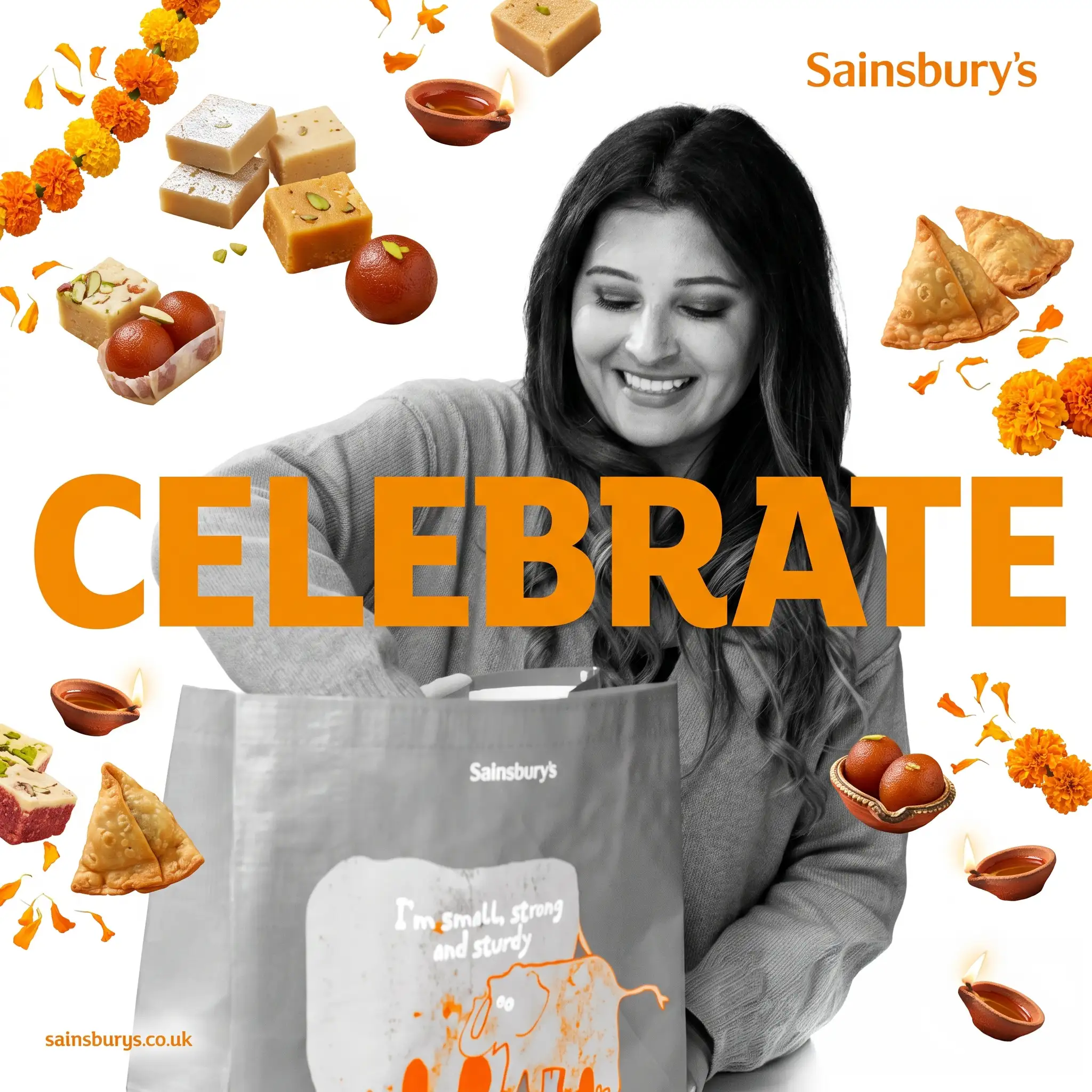 Sainsbury's Diwali CELEBRATE ad with smiling woman holding Sainsbury's bag surrounded by floating samosas barfi gulab jamun marigolds and diyas