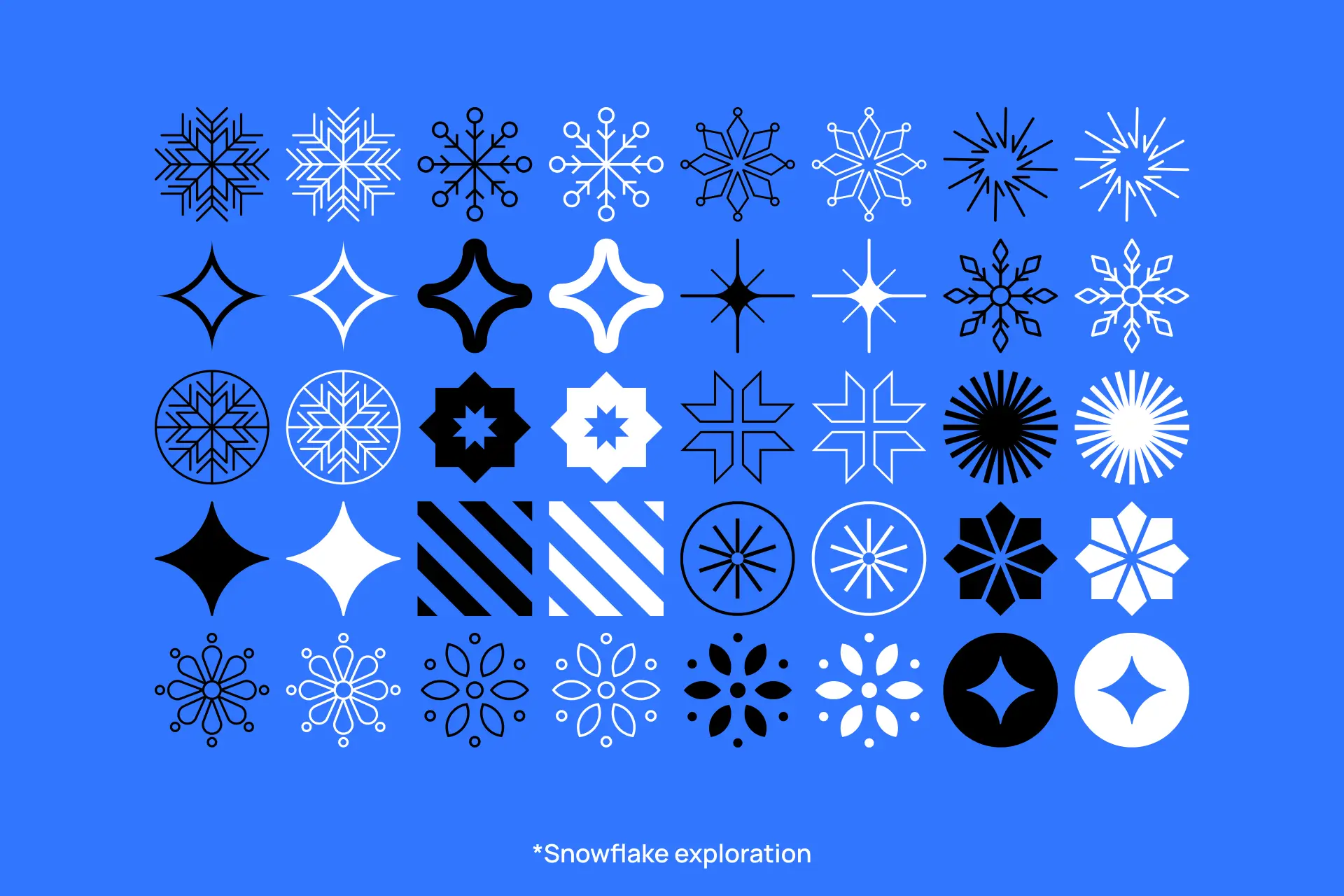 Image of various snowflake designs on a blue background, featuring diverse shapes and patterns in black and white, labeled "Snowflake exploration."