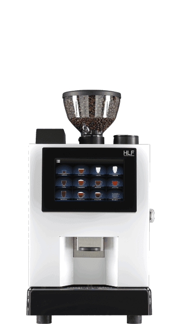 White and black coffee machine with digital touchscreen and visible bean hopper