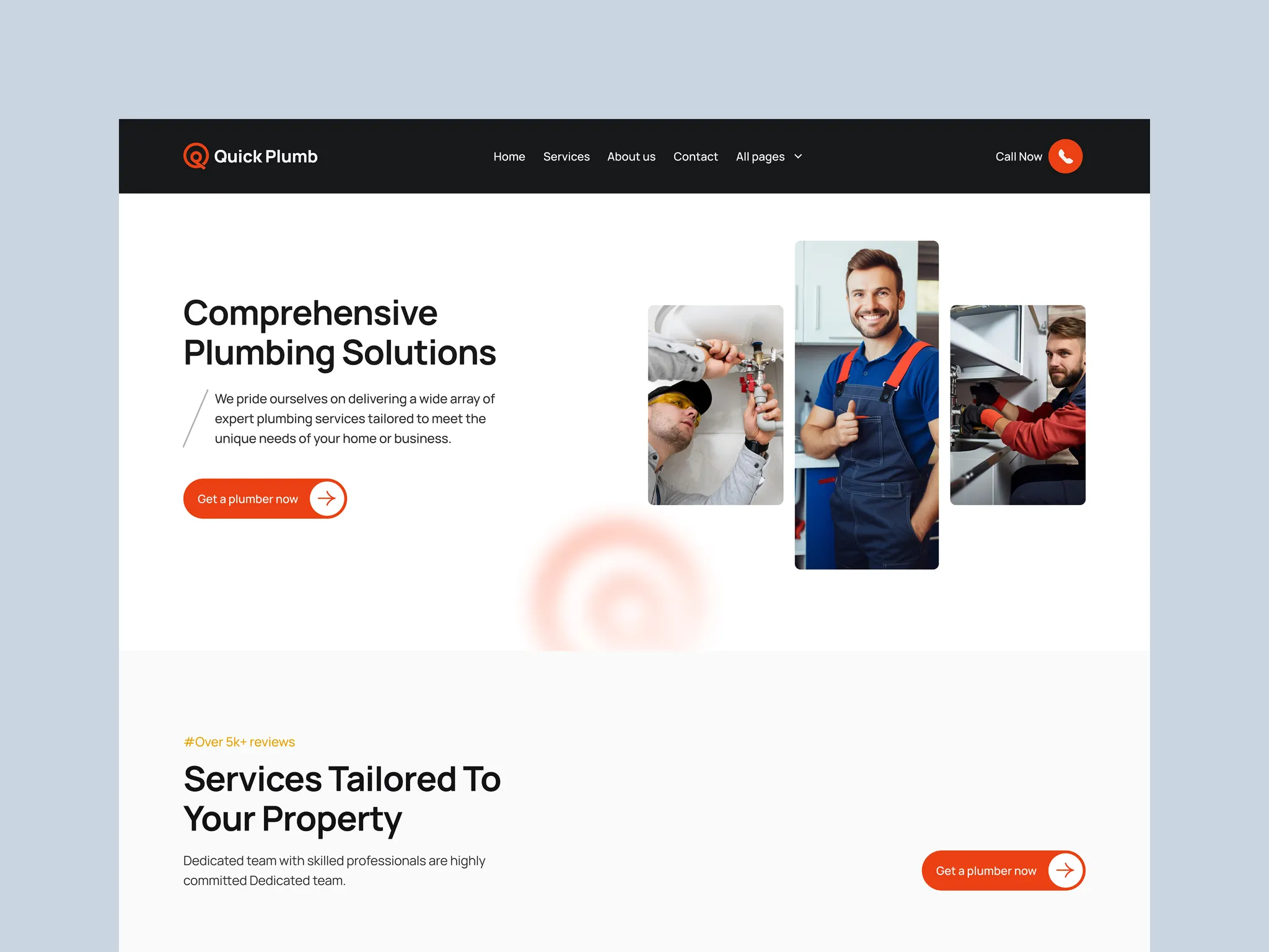 Quick Plumber emergency plumbing template with hero section, plumber photos, call now button, and tailored services section.